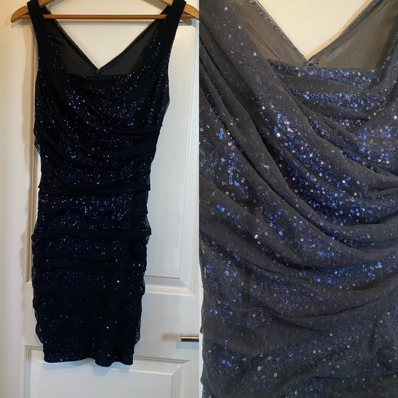 Express Mini Dress Blue Sequins sparkle black mesh party mini form fitting sz 6 - Picture 1 of 12